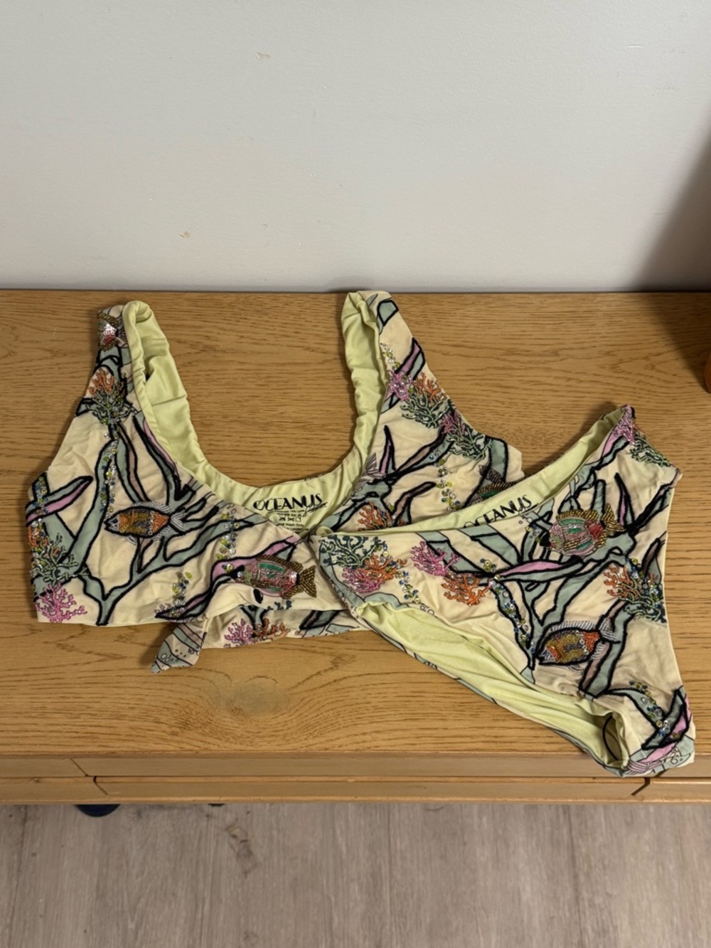 Oceanus Hand-Embroidered Beaded Fish Tie Front Bikini Set